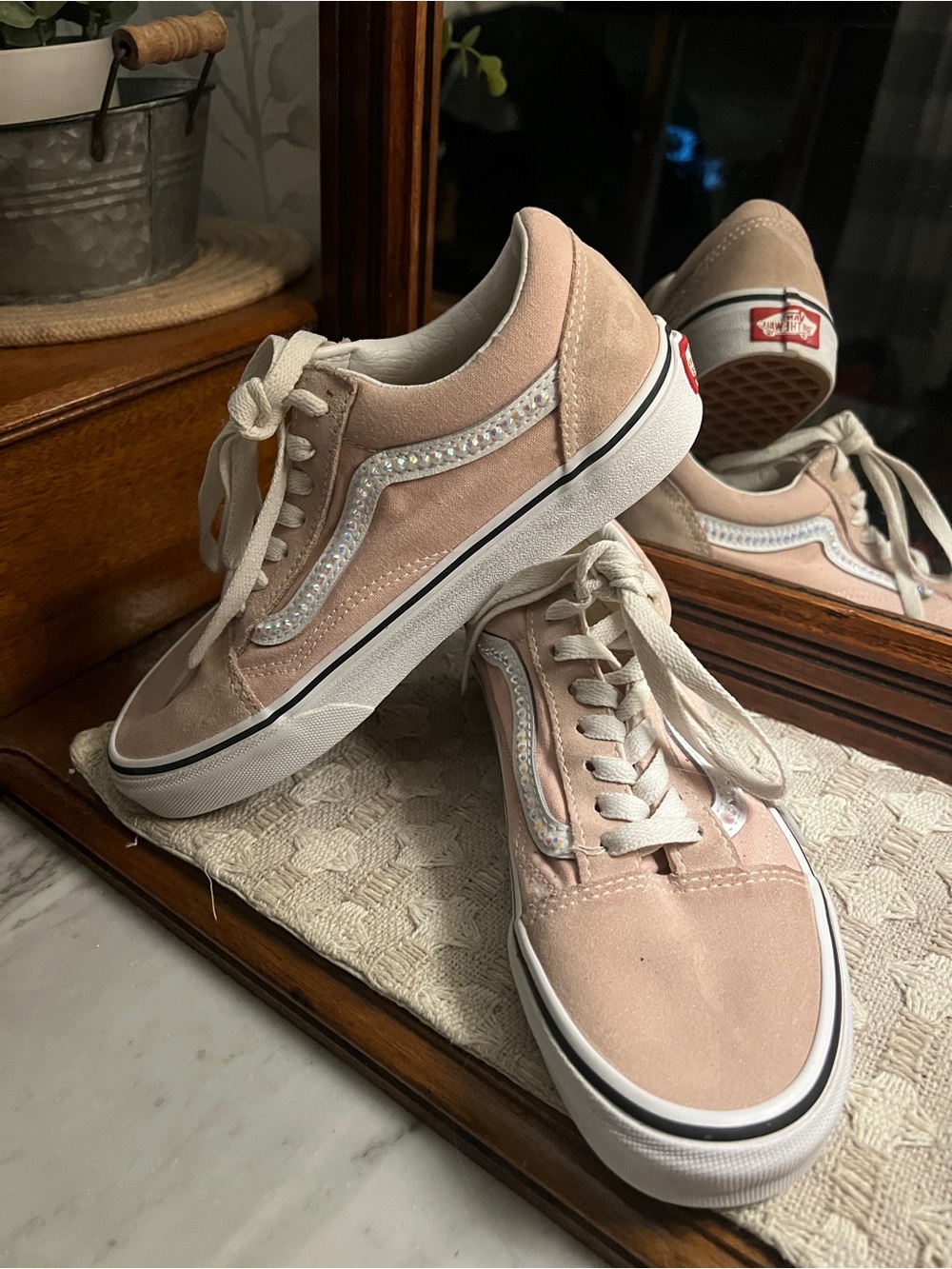 VANS Classic Low Top Canvas Sneakers CUSTOM Rhinestone Accent Pink Women's Sz 6